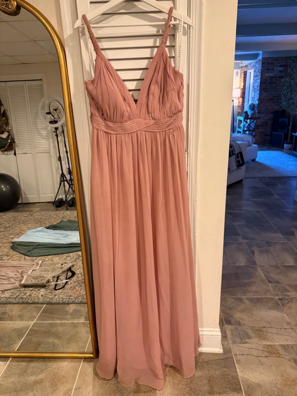 Azazie Dusty Rose Braided-Strap Chiffon Maxi Dress